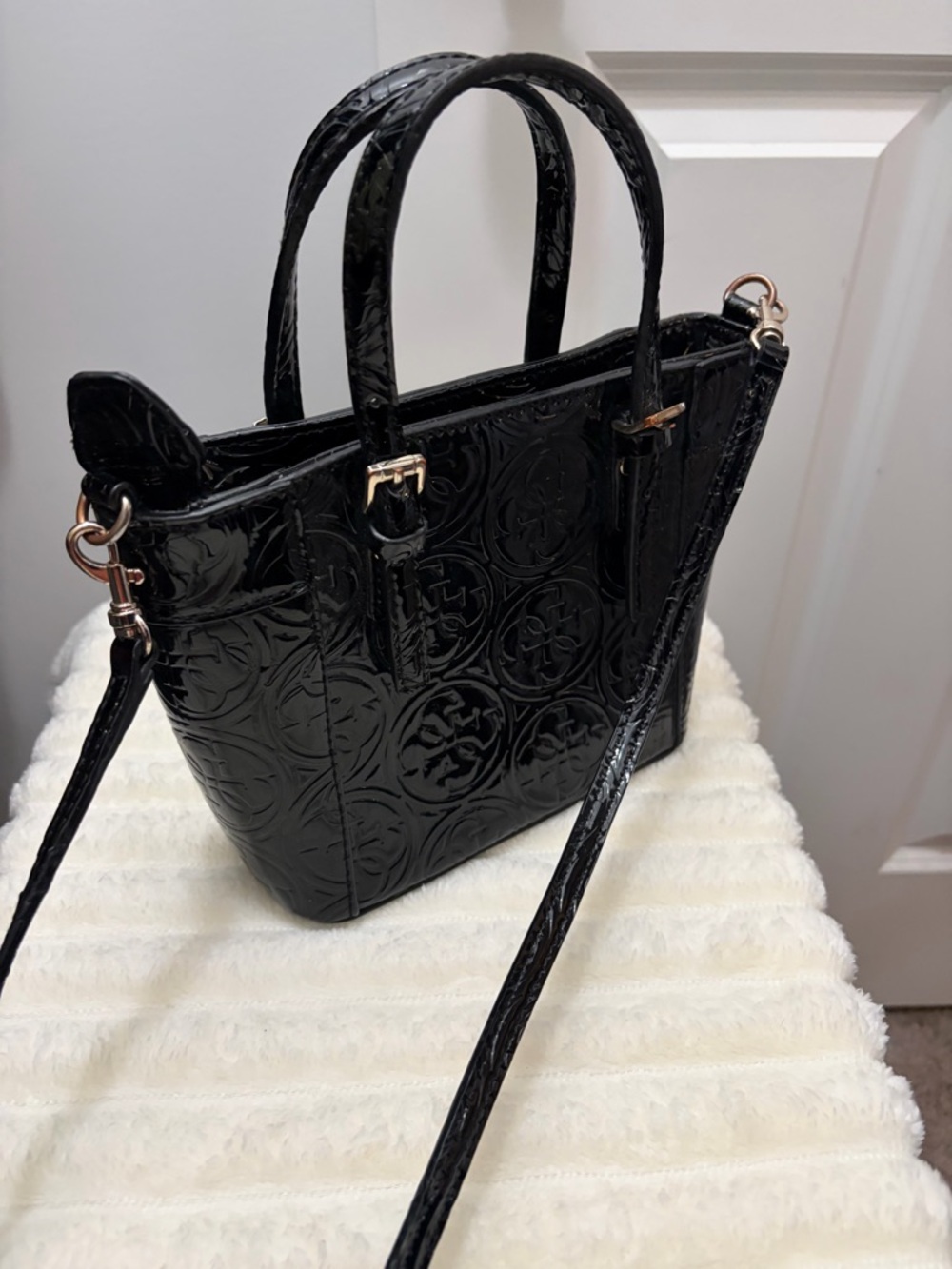 GUESS Black Embossed Patent Leather Satchel with Gold Accents - Picture 2 of 9